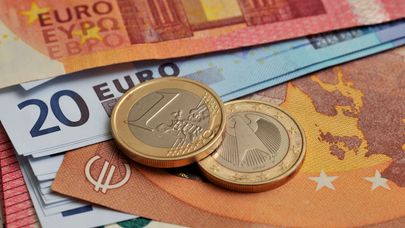 Монеты номиналом 1 евро на фоне банкнот номиналом 10 и 20 евро