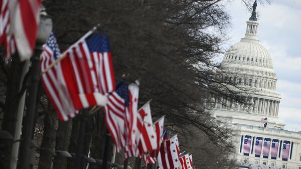 Национальные флаги США и флаги округа Колумбия возле Капитолия США в Вашингтоне - Sputnik Латвия
