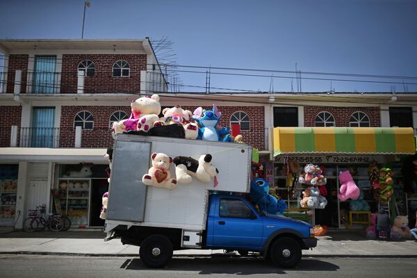 Торговля мягкими игрушками с грузовика в преддверии Дня святого Валентина на улице в Хонакатлане, Мексика - Sputnik Latvija