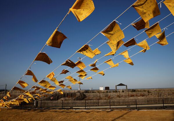 Желтые платки с пожеланиями пострадавшим в результате землетрясения 2011 года в Японии  - Sputnik Латвия