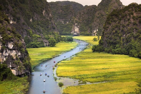 Tamkokas ieleja – viena no interesantākajām vietām Vjetnamā. Ielejā ar rīsu laukiem tek gleznainā Ngodongas upe, kuras gultne iekrāsojas dažādās krāsās, atkarībā no sezonas - Sputnik Latvija