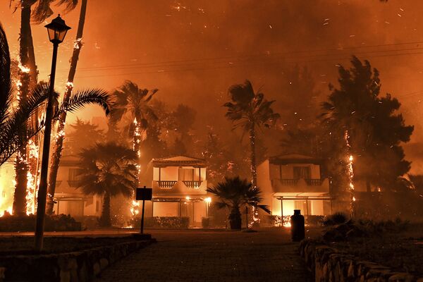 Лесной пожар в деревне Схинос, недалеко от Коринфа, Греция, 19 мая 2021 года. - Sputnik Латвия
