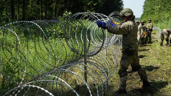 Литовские военнослужащие устанавливают колючую проволоку на границе с Беларусью в Друскининкае - Sputnik Latvija
