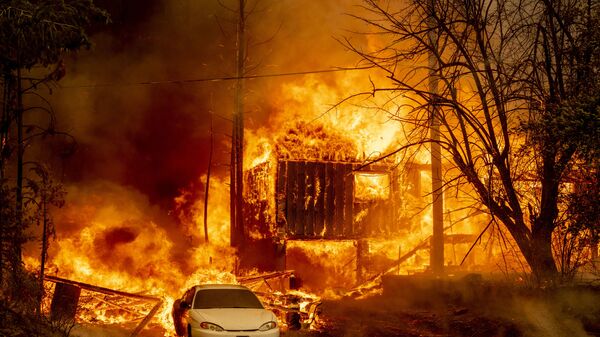 Охваченный пламенем дом в Гринвилле, Калифорния - Sputnik Латвия