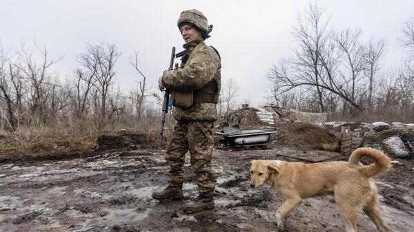 Украинский солдат на линии разграничения с Донецкой областью - Sputnik Latvija