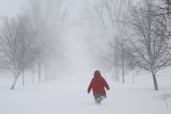 Человек идет по заснеженной улице во время зимнего шторма, бушующего в Амхерсте, штат Нью-Йорка, 24 декабря 2022 года. - Sputnik Латвия