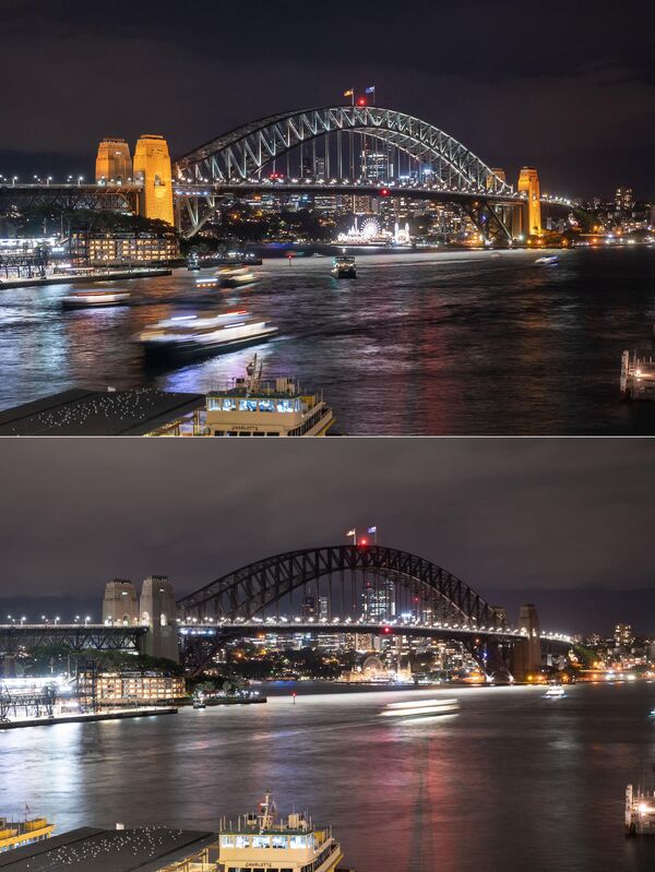 Сиднейский мост Харбор-Бридж (внизу) с выключенным освещением во время экологической кампании &quot;Час Земли&quot; и после его повторного включения 25 марта 2023 года. - Sputnik Латвия