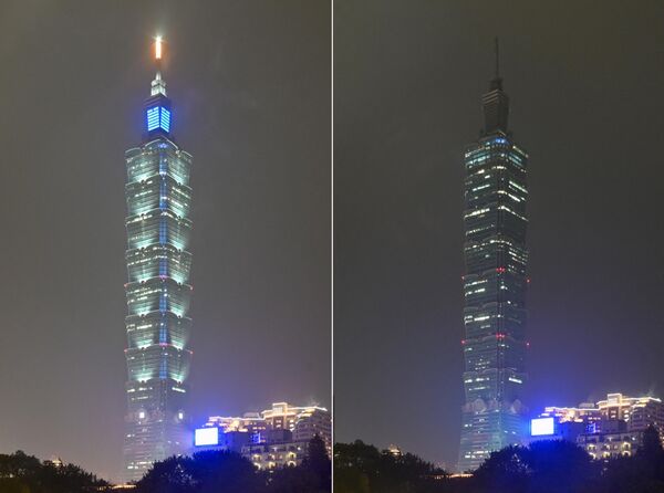Небоскреб Тайбэй101 высотой 508 метров в столице Тайваня с включенным и выключенным светом во время экологической кампании &quot;Час Земли&quot; в Тайбэе 25 марта 2023 года. - Sputnik Латвия