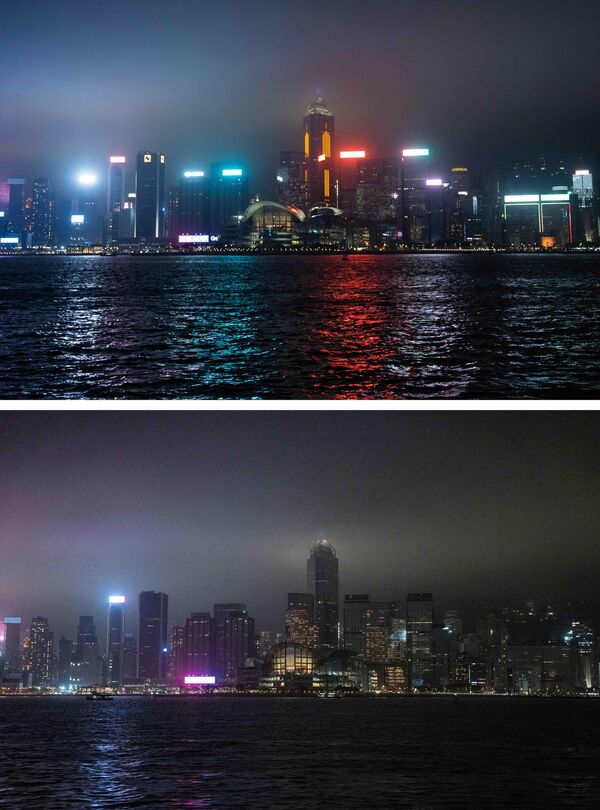 Гонконг до (вверху) и после (внизу) выключения света в ознаменование экологической кампании &quot;Час Земли&quot; 25 марта 2023 года. - Sputnik Латвия
