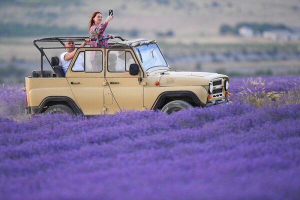 Отдыхающие фотографируются на плантациях лаванды в Бахчисарайском районе в Крыму - Sputnik Латвия