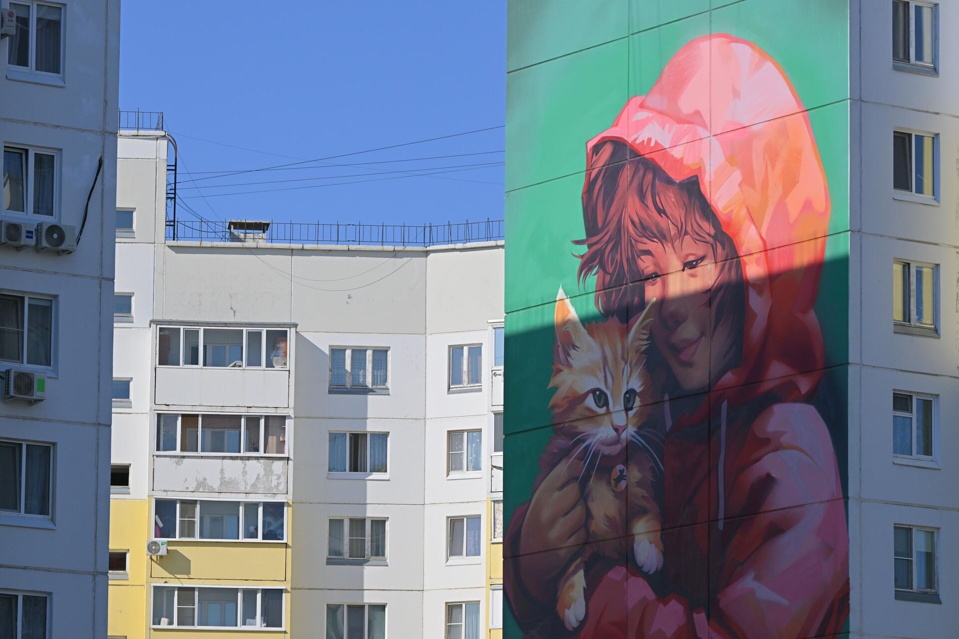 Мурал на многоэтажном доме в Омске  - Sputnik Латвия, 1920, 09.10.2025