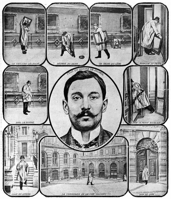 Самый известный случай кражи произведений искусства произошел 21 августа 1911 года, когда Мона Лиза была украдена из Лувра сотрудником Винченцо Перуджа, которого поймали через два года.Перуджа вошел в музей и, заметив, что в комнате с &quot;Моной Лизой&quot; нет ни охраны, ни посетителей, снял картину с прищепок, вынул ее из рамы и вышел из Лувра с ней под мышкой - Sputnik Латвия