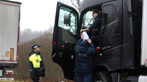 Обстановка перед литовским пунктом пропуска Мядининкай (с белорусской стороны — Каменный Лог), где скопилось свыше 660 фур - Sputnik Латвия