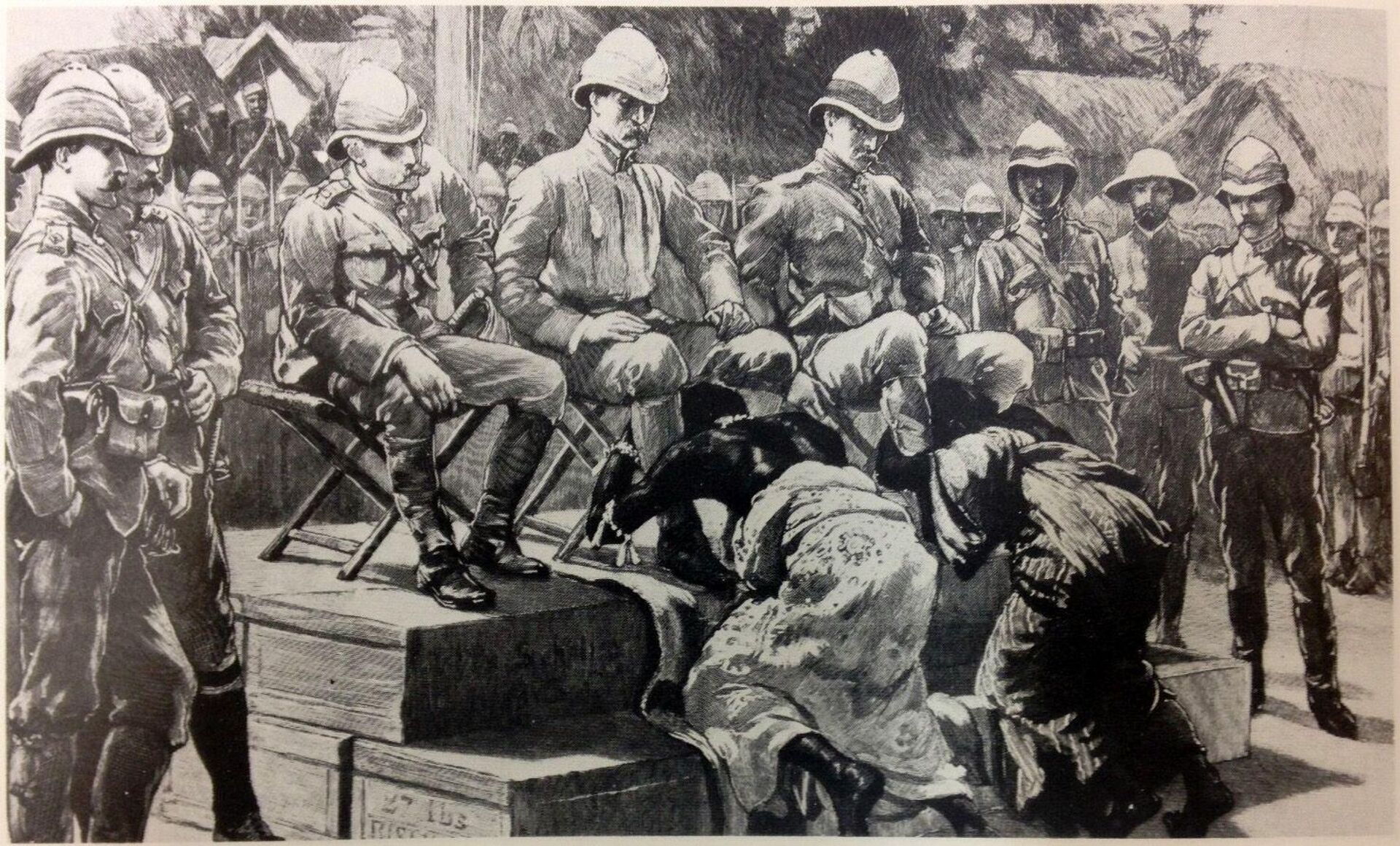 Туземные правители выражают почтение британским белым господам, английский рисунок XIX века - Sputnik Латвия, 1920, 30.03.2026