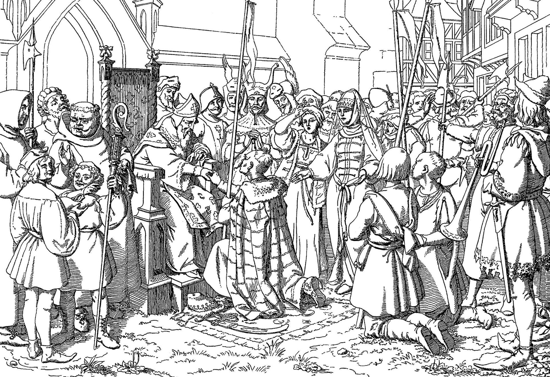 Правитель Ерсики князь Всеволод передаёт свои владения епископу Альберту, 1209 год. Рисунок Ф.Майделя - Sputnik Латвия, 1920, 10.04.2026