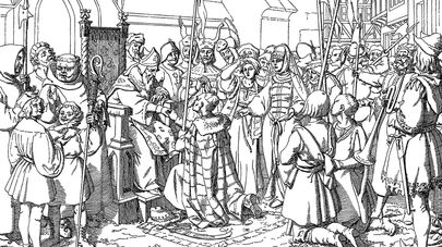 Правитель Ерсики князь Всеволод передаёт свои владения епископу Альберту, 1209 год. Рисунок Ф.Майделя