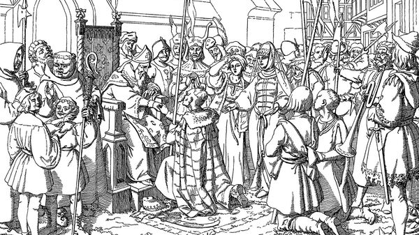 Правитель Ерсики князь Всеволод передаёт свои владения епископу Альберту, 1209 год. Рисунок Ф.Майделя - Sputnik Латвия