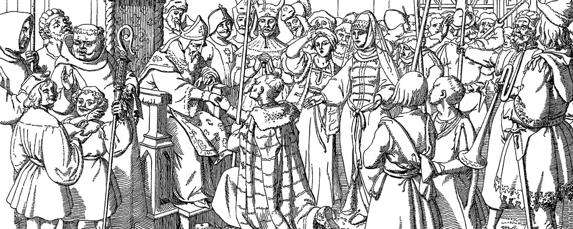 Правитель Ерсики князь Всеволод передаёт свои владения епископу Альберту, 1209 год. Рисунок Ф.Майделя - Sputnik Латвия, 1920, 13.04.2026