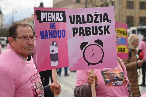 На фото: участники акции протеста держат плакаты с надписями: "Молоко — не вода", "Власти, проснитесь". - Sputnik Латвия