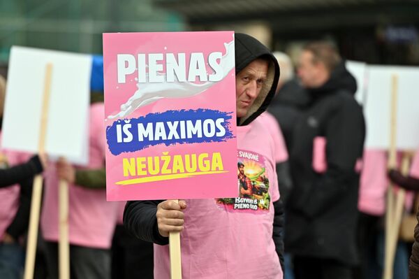 На фото: участник акции протеста держит плакат с надписью: "Молоко не растет в Maxima". - Sputnik Латвия