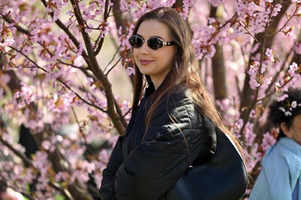 На фото: девушка фотографируется с цветущей сакурой в парке Вильнюса. - Sputnik Латвия