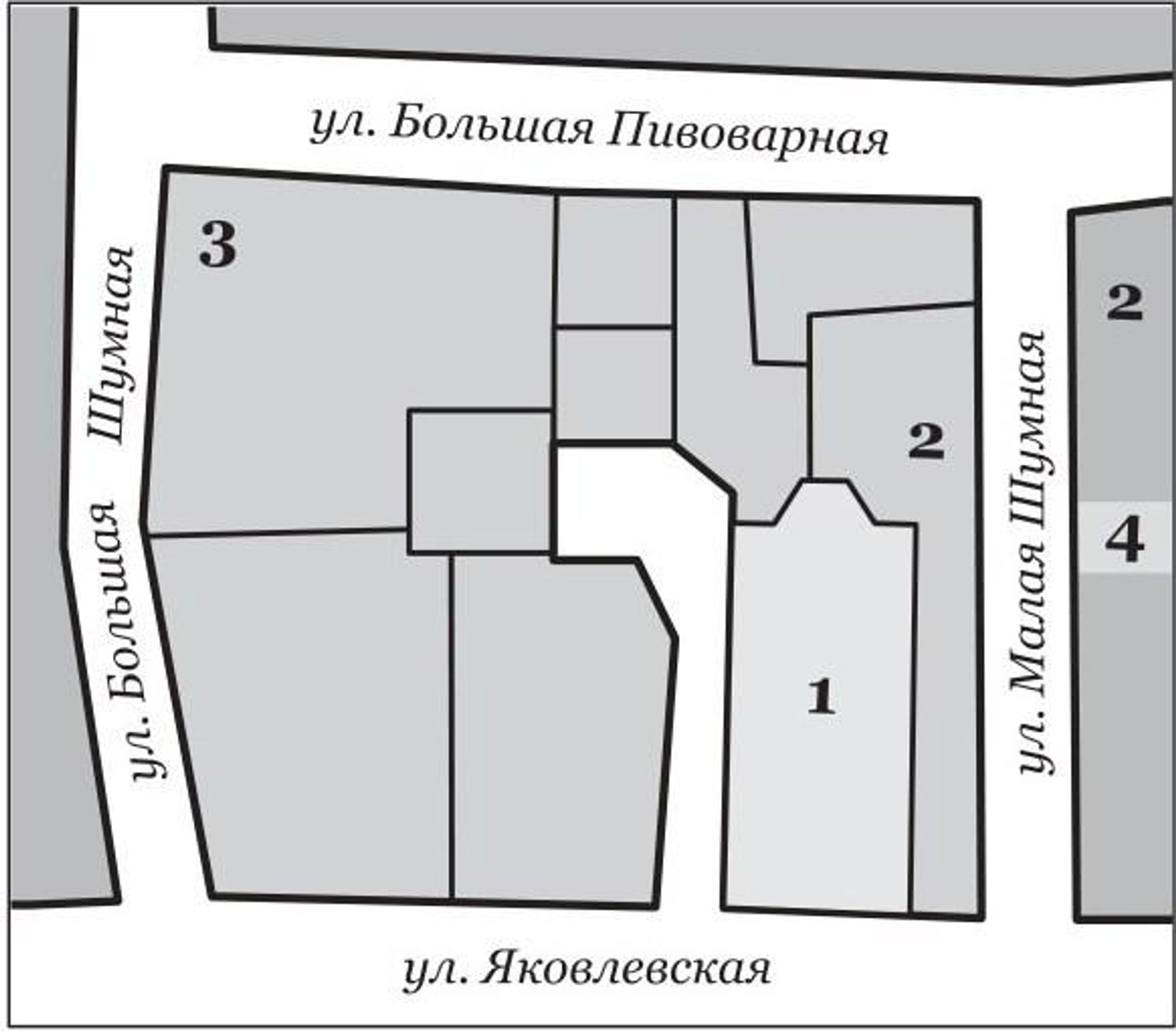 Центральная часть Русского подворья в Риге: 1) предполагаемое место расположения церкви Св. Николая; 2) православное кладбище; 3) дом гильдии; 4) место нахождения звериных барельефов - Sputnik Латвия, 1920, 12.08.2026