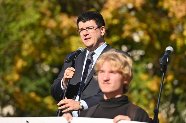 Перед протестующими выступил лидер "Национального объединения" Витаутас Синица. - Sputnik Латвия