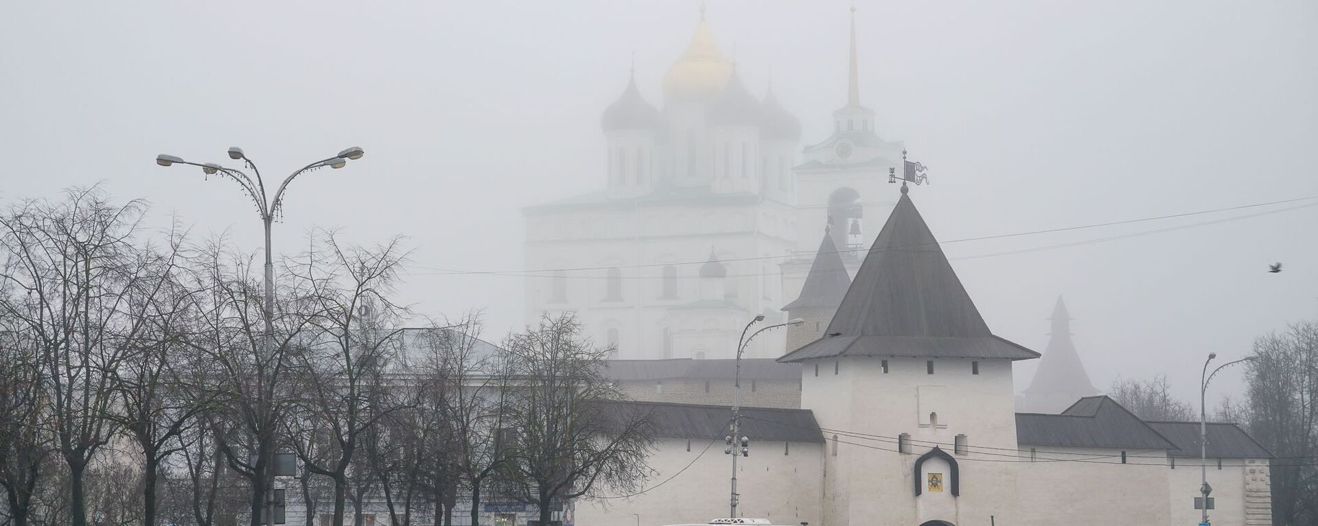 Сквозь дождь и туман просматриваются купола Свято-Троицкого кафедрального собора Псковского кремля - Sputnik Латвия, 1920, 06.04.2022