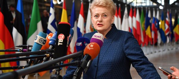 Президент Литвы Даля Грибаускайте отвечает на вопросы журналистов по ее прибытию на саммит Европейского совета в Брюсселе - Sputnik Latvija
