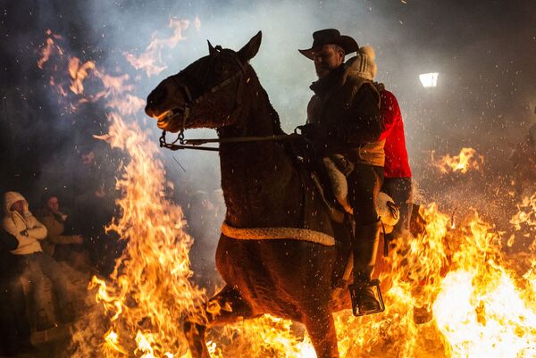 Всадник проезжает через огонь во время ежегодного фестиваля Las Luminarias в испанской деревне Сан-Бартоломе-де-Пинаре - Sputnik Латвия