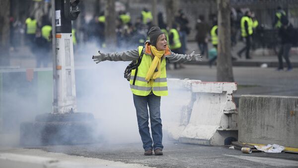 Участница протестной акции желтых жилетов в Париже - Sputnik Latvija