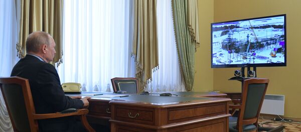 Президент РФ Владимир Путин участвует в режиме видеоконференцсвязи в церемонии официальной отгрузки первой продукции завода по производству сжиженного природного газа Криогаз-Высоцк на танкер-газовоз Coral Anthelia в городе Высоцке Ленинградской области. - Sputnik Латвия