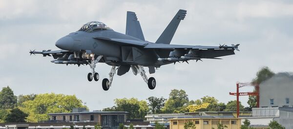 Истребитель F-18 Хорнет на Международном авиационно-космическом салоне Фарнборо-2014. Истребитель F-18 Хорнет на Международном авиационно-космическом салоне Фарнборо-2014. - Sputnik Латвия
