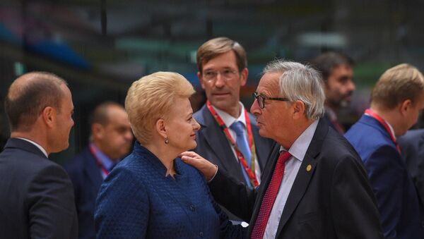 Президент Литвы Даля Грибаускайте с председателем ЕК Жан Клодом Юнкером на заседании Европейского совета - Sputnik Латвия