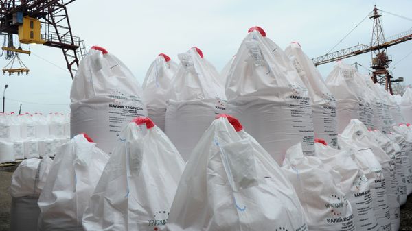 Хлористый калий, подготовленный к отгрузке в грузовом речном порту на реке Каме. Хлористый калий, подготовленный к отгрузке в грузовом речном порту на реке Каме. - Sputnik Latvija