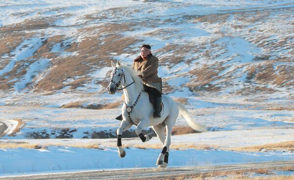 Северокорейский лидер Ким Чен Ын скачет на лошади во время снегопада на горе Паекту - Sputnik Латвия
