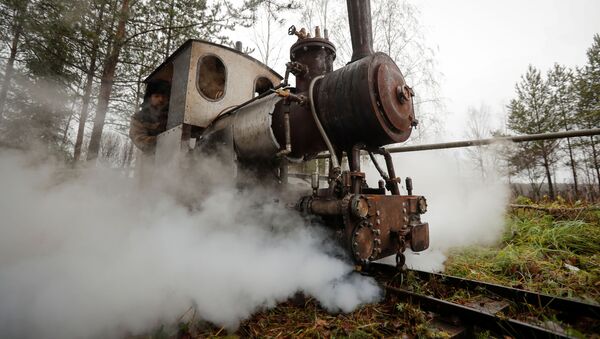 Самодельный паровоз, созданный энтузиастом Павлом Чилиным, проезжает по самодельной железной дороге в поселке Ульяновка Ленинградской области - Sputnik Латвия