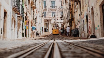 A tram on a Lisbon street, Portugal