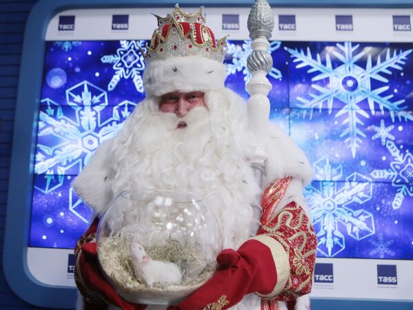 Дед Мороз держит вазу с белой крысой - символом 2020 года  - Sputnik Латвия