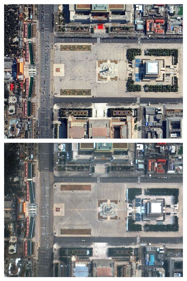 Площадь Тяньаньмэнь в Пекине до коронавируса 21 февраля 2019 года и во время коронавируса 11 февраля 2020 года - Sputnik Латвия