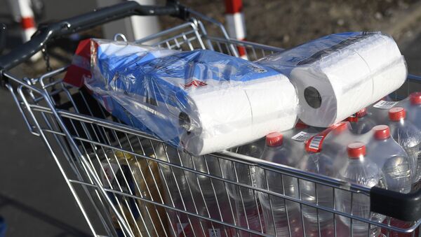 Туалетная бумага в тележке покупателя в супермаркете Дортмунда - Sputnik Latvija