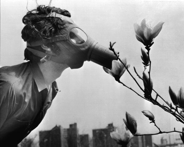 Студент в противогазе нюхает цветок во время демонстрации на День Земли, США, 1970 год - Sputnik Латвия