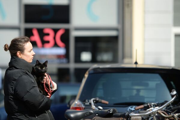 Девушка с кошкой на руках на одной из улиц Брюсселя, Бельгия - Sputnik Латвия