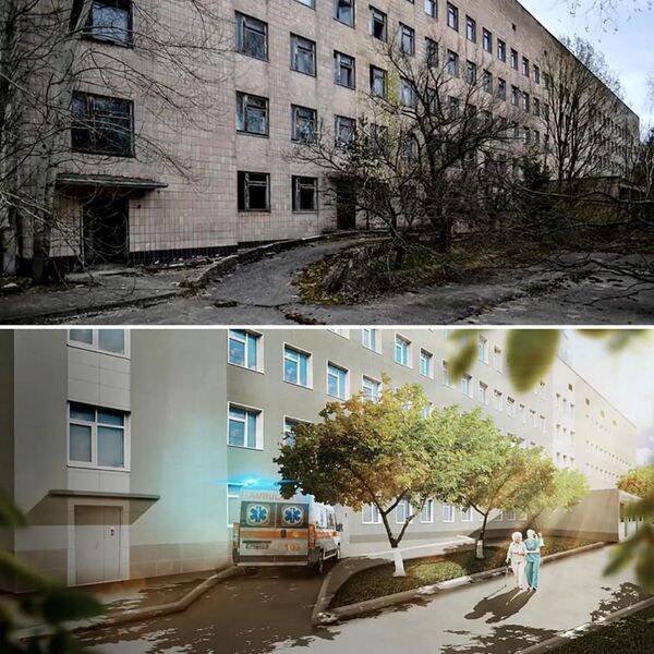 Фотографии больницы города Припять после аварии на Чернобыльской АЭС и в фантазии художника без аварии - Sputnik Латвия