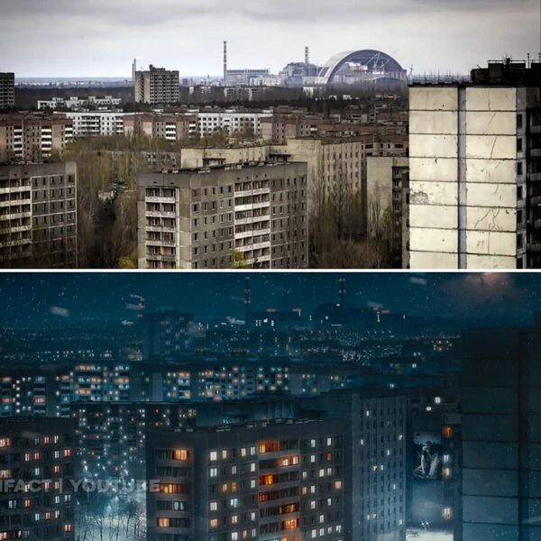 Фотографии домов города Припять после аварии на Чернобыльской АЭС и в фантазии художника без аварии - Sputnik Латвия