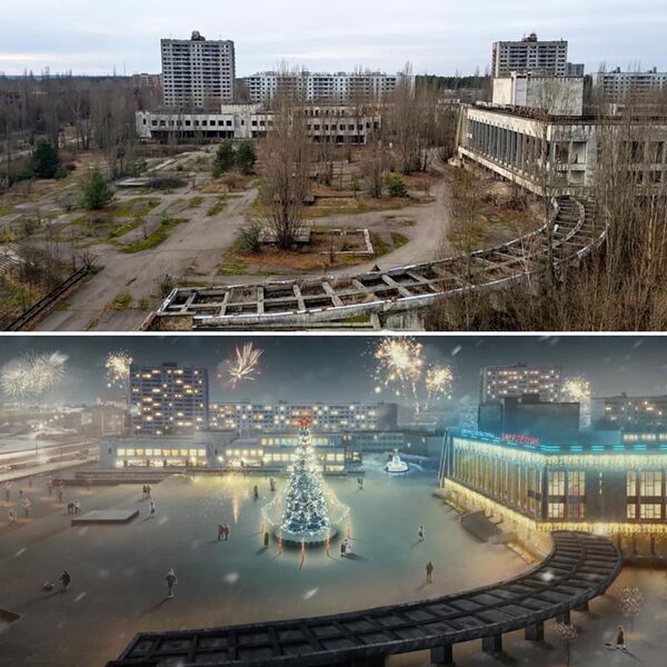 Фотографии площади города Припять после аварии на Чернобыльской АЭС и в фантазии художника без аварии - Sputnik Латвия