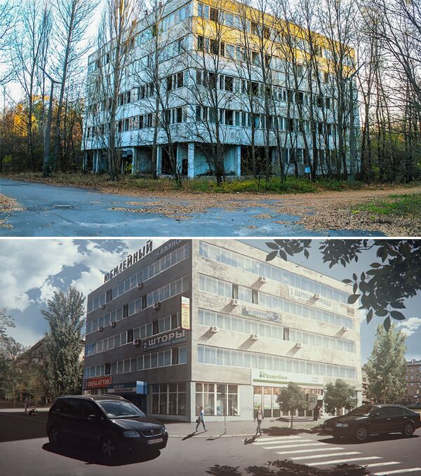 Фотографии здания города Припять после аварии на Чернобыльской АЭС и в фантазии художника без аварии - Sputnik Латвия