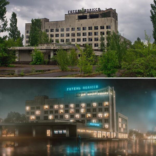 Фотографии гостиницы города Припять после аварии на Чернобыльской АЭС и в фантазии художника без аварии - Sputnik Латвия