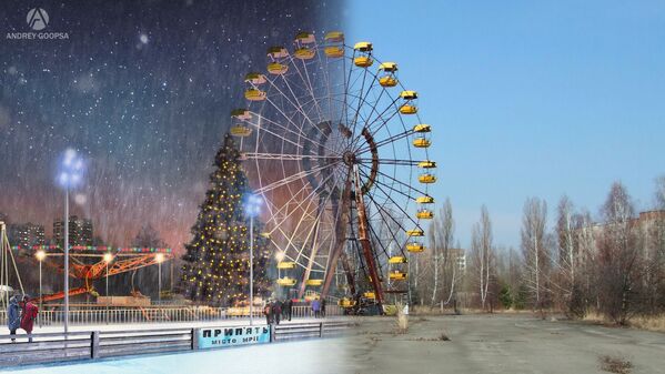 Фотографии колеса обозрения города Припять после аварии на Чернобыльской АЭС и в фантазии художника без аварии - Sputnik Латвия