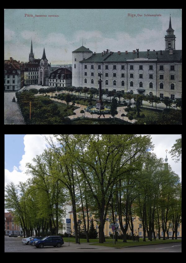 Рижский замок и площадь Пилс. Открытка (сверху) и современная фотография - Sputnik Латвия